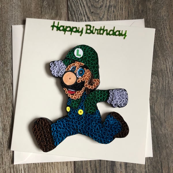 Handmade quilled Luigi birthday card