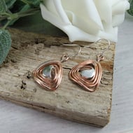 Earrings, Rustic Coiled Copper Wire and Sterling Silver Moon Droppers