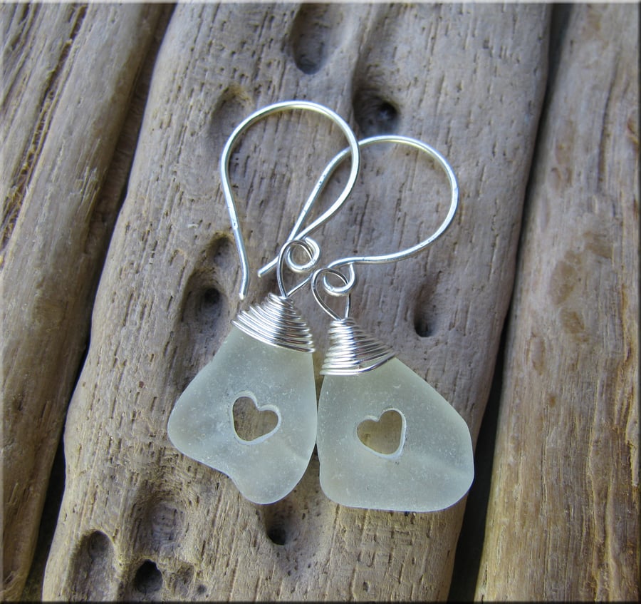 Natural sea glass heart earrings