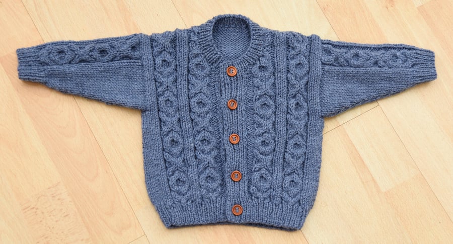 baby cardigan  hand knitted 6 to 12 months in blue aran style