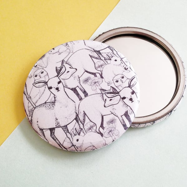Pocket Mirror with Woodland Critter Design. Deers, Owls, Foxes, Rabbits & more!