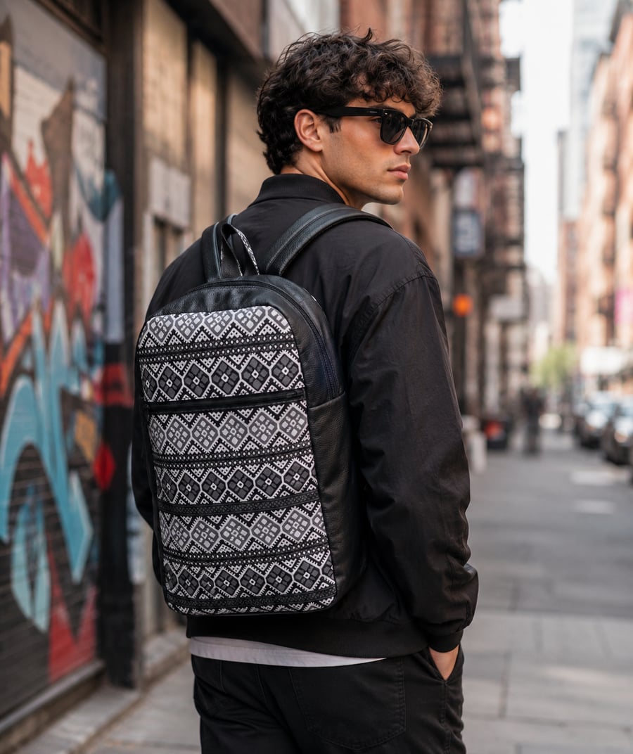 Backpack rucksack black vinyl backpack with grey, black & white geo pattern 