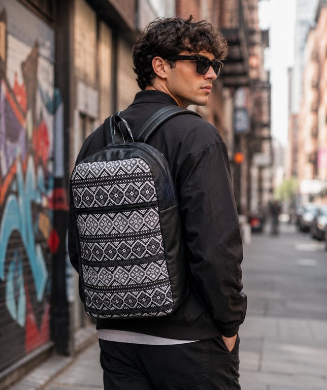 Backpack rucksack black vinyl backpack with grey, black & white geo pattern 