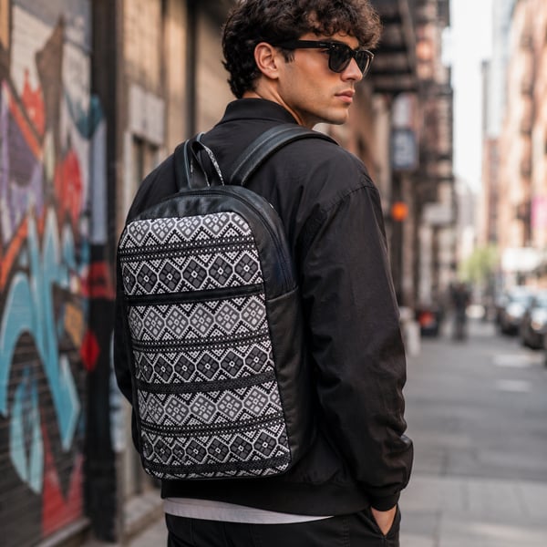 Backpack rucksack black vinyl backpack with grey, black & white geo pattern 
