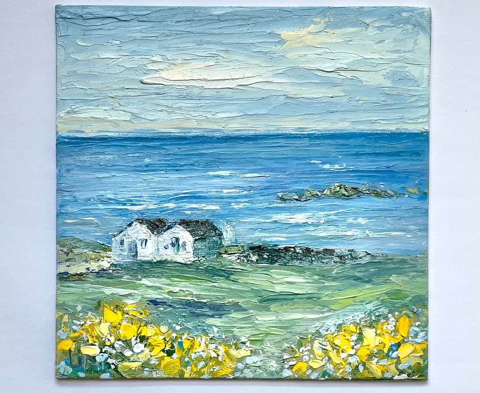 Original English Countryside Oil Painting 6x6 Land"s End in Cornwall 