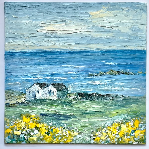 Original English Countryside Oil Painting 6x6 Land"s End in Cornwall 