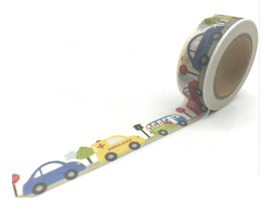 Multi coloured pattern, Vehicles, cars, buses, traffic Decorative Washi Tape 10m