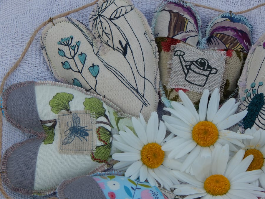Wild flower, bee and patchwork hearts - 75 cm  - wall hanging