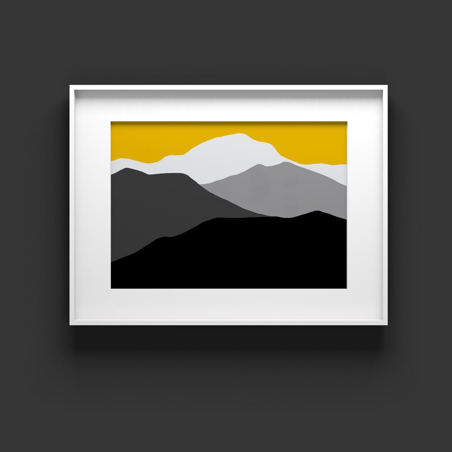 Yellow and grey abstract art, Minimal yellow mountain art, , Mountain print