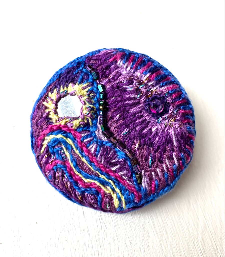 Rich and Vibrant  Asian Inspired - Hand Embroidered Circular Brooch  Pin 