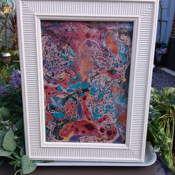Framed Watercolour Marbling Painting 