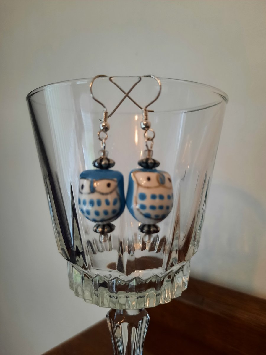Light Blue Ceramic Owl Earrings
