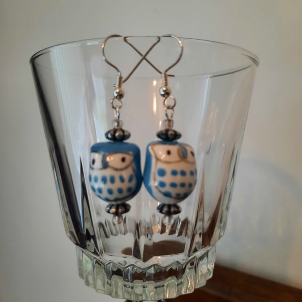 Light Blue Ceramic Owl Earrings