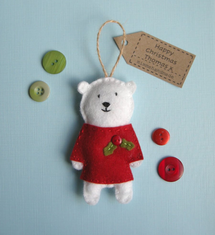 Christmas decoration handmade polar bear personalised with your own message