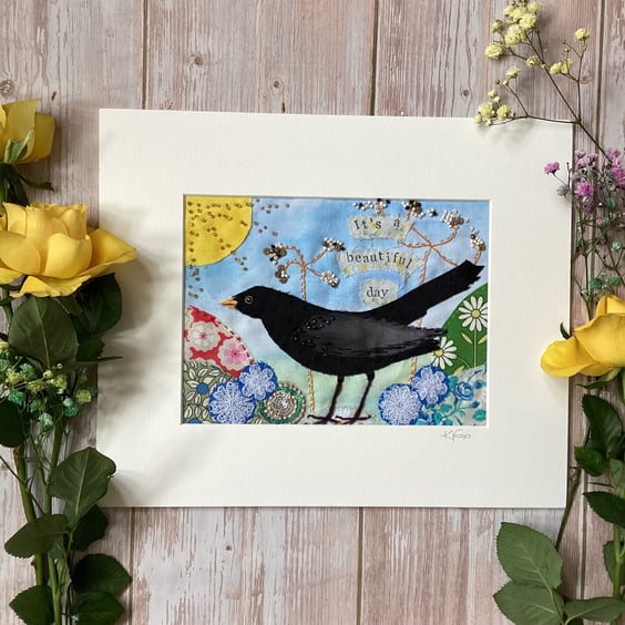 Hand stitched bird art, blackbird fabric collage, blackbird textile art 