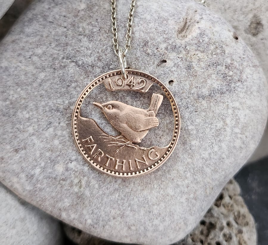 Upcycled bronze wren farthing pendant with sterling silver chain