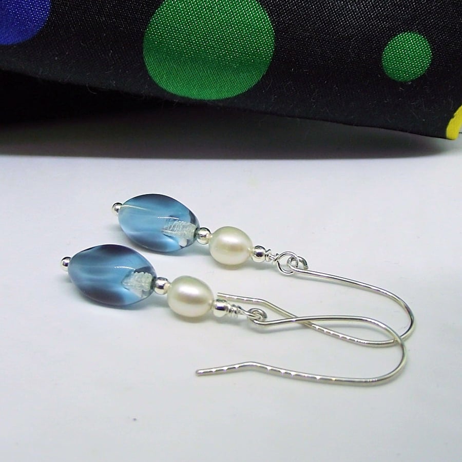 Earrings vintage blue glass and pearl sterling silver recycled bead