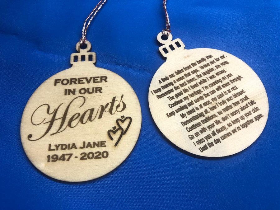 Forever in our Hearts Personalised Memorial Engraved Wooden Bauble Decoration