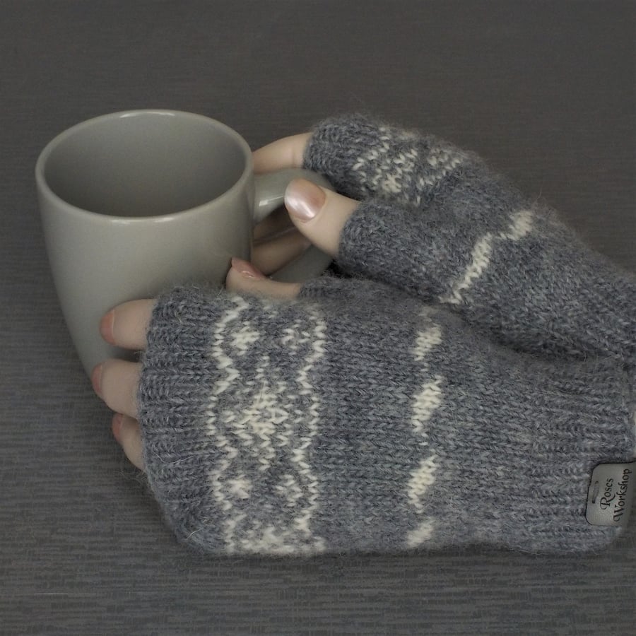 British wool fingerless gloves grey and cream Fairisle knitted Masham wool  