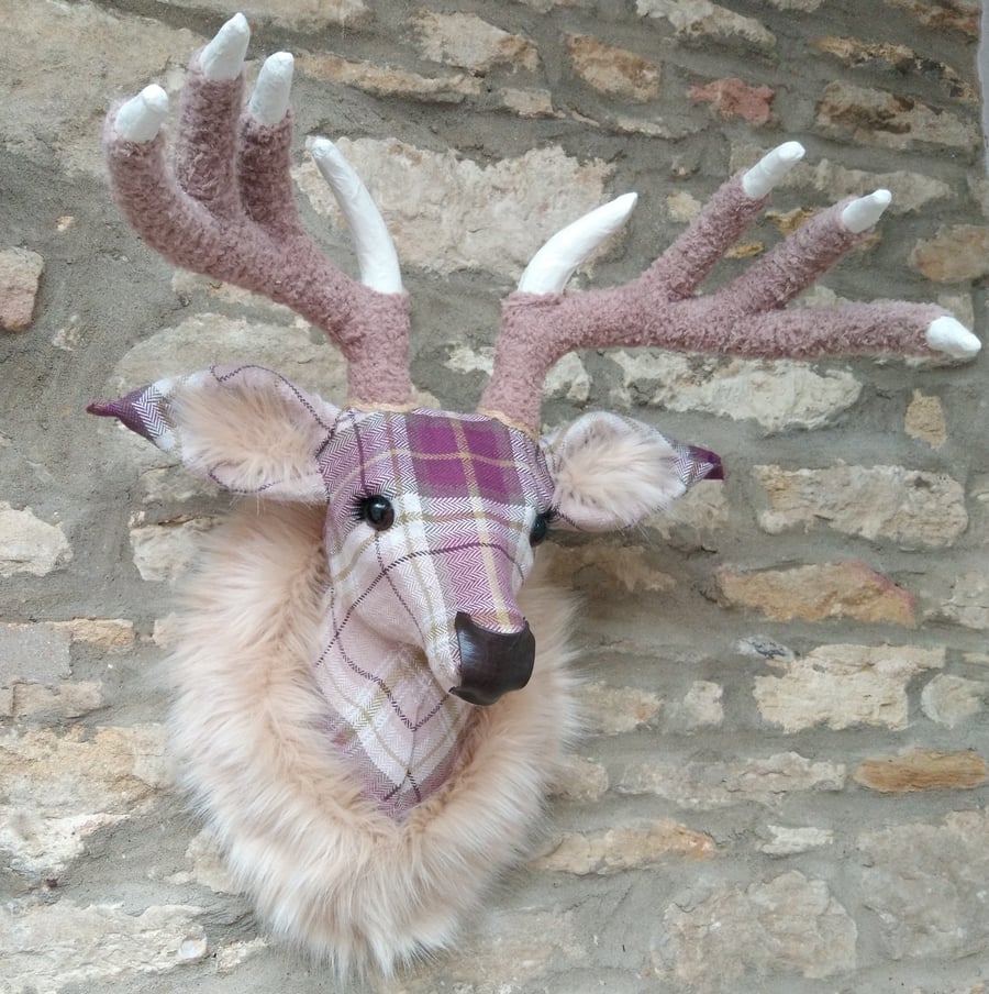Handmade faux taxidermy purple and cream Berridale stag wall mount animal head