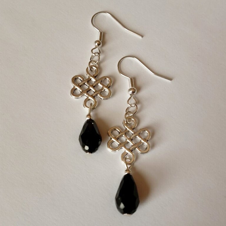 Celtic Knot Black Crystal Teardrop Silver Plate Earrings