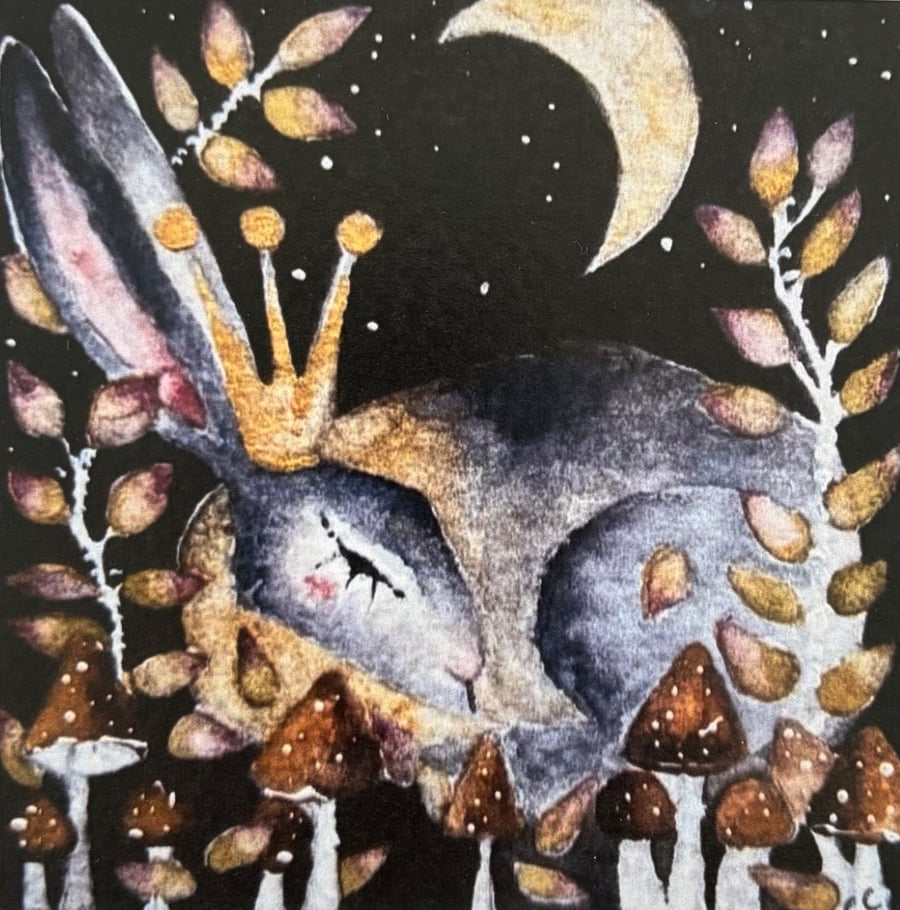 Whimsical Resting Queen Hare Woodland Moonlight Watercolour Art for Sale