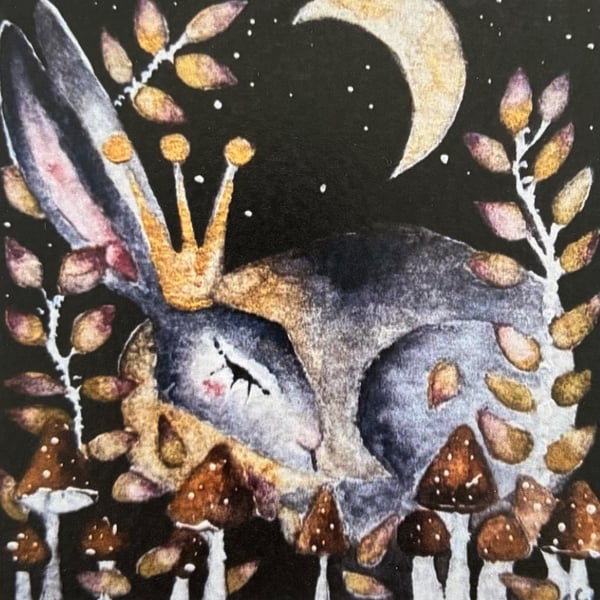 Whimsical Resting Queen Hare Woodland Moonlight Watercolour Art for Sale