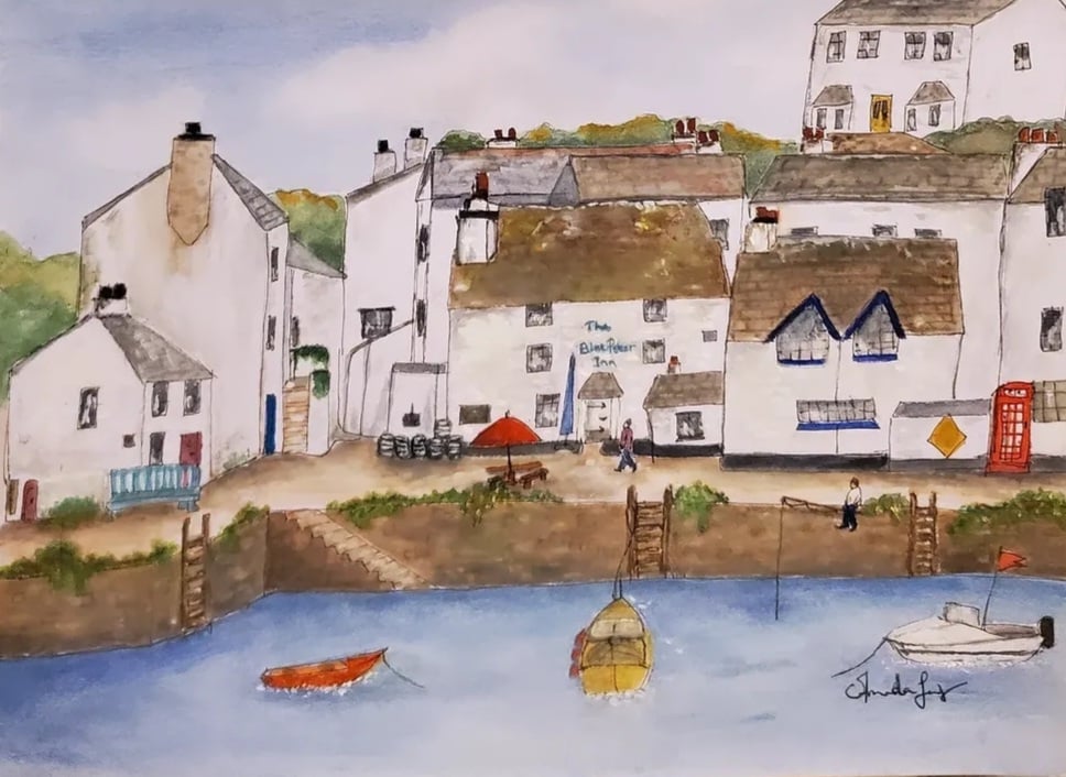 The Blue Peter Inn Polperro Cornwall.  Coastal Art Print A4 300gsm Card