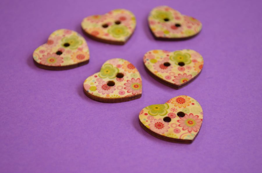 Wooden Heart Buttons Floral Pink Green 6pk 25x22mm (H10)