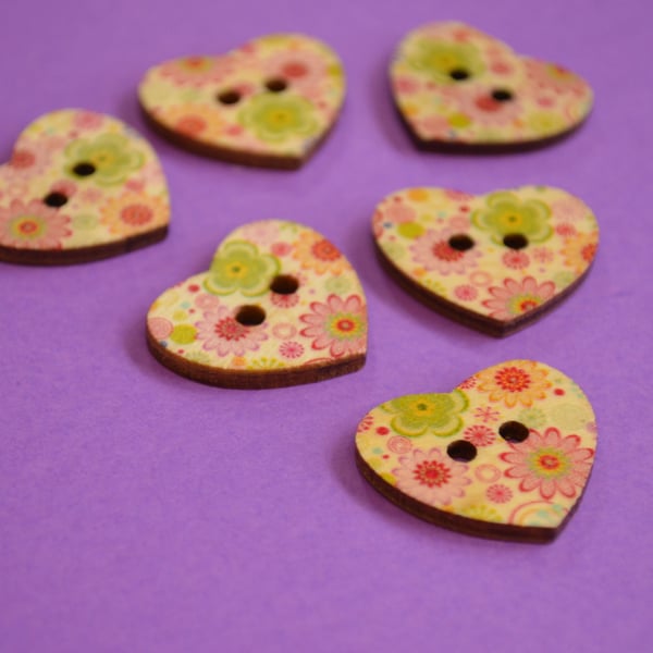 Wooden Heart Buttons Floral Pink Green 6pk 25x22mm (H10)