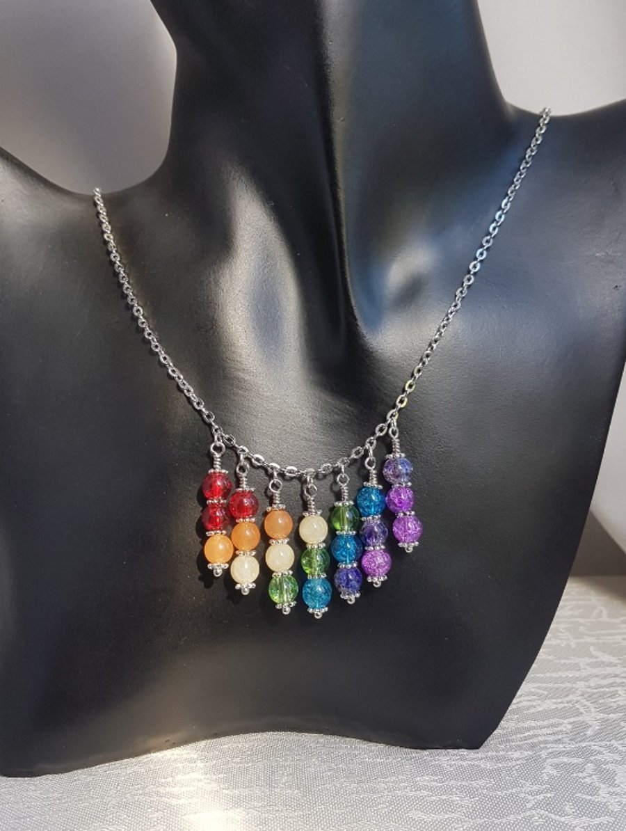 Gorgeous Rainbow dangle necklace - Silver tone chain