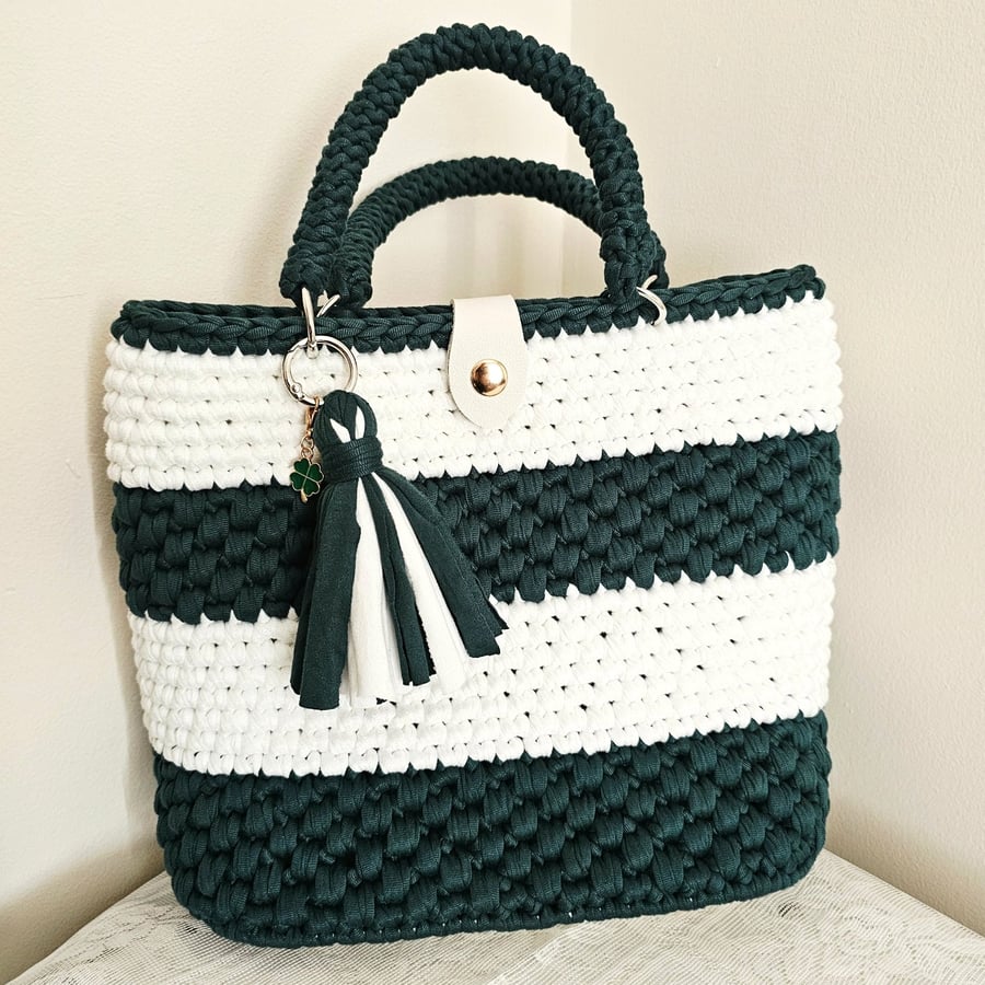 Forest Green and White handheld Tote bag with maching Tassel and charm
