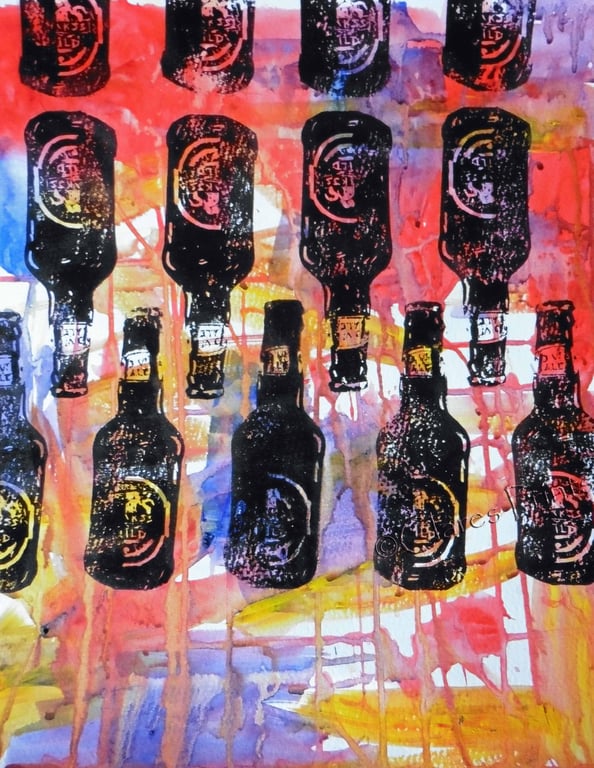 Beer Bottles Hand-Pulled Linocut Print