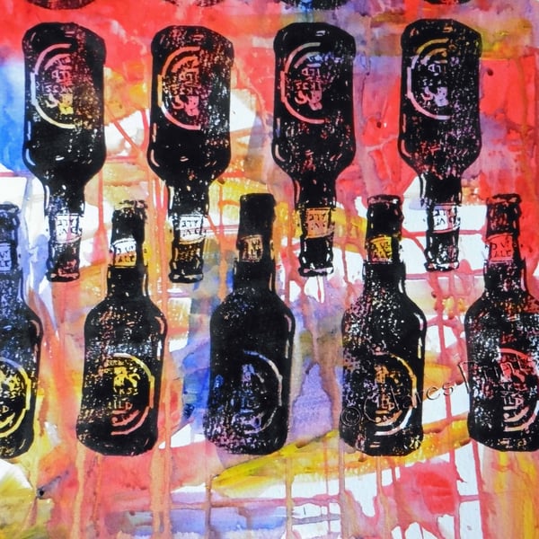 Beer Bottles Hand-Pulled Linocut Print