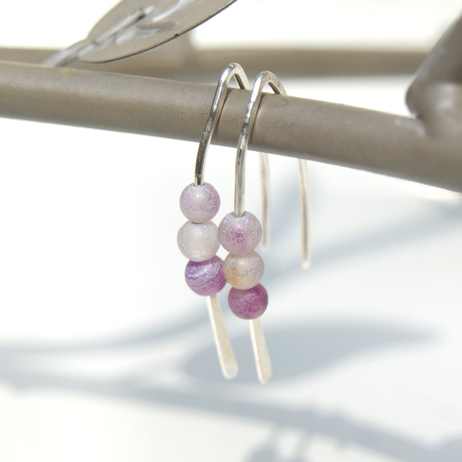 Sterling Silver Drop Earrings, Pink Frosted Agate Earrings
