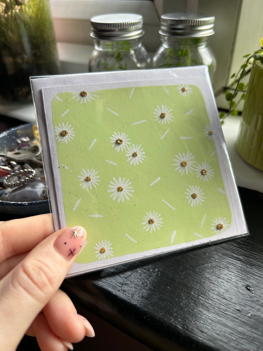 Green Daisy Hand Painted Blank Greetings Cards 4X4
