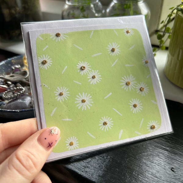 Green Daisy Hand Painted Blank Greetings Cards 4X4