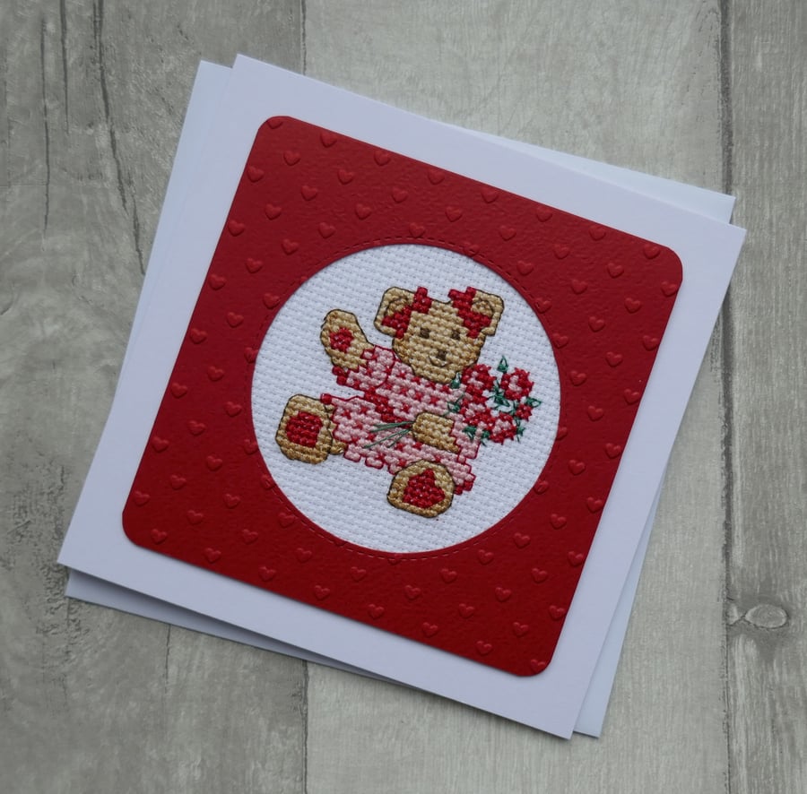 Cross Stitch Teddy Bear with Flowers - Valentine's Day or Anniversary Card
