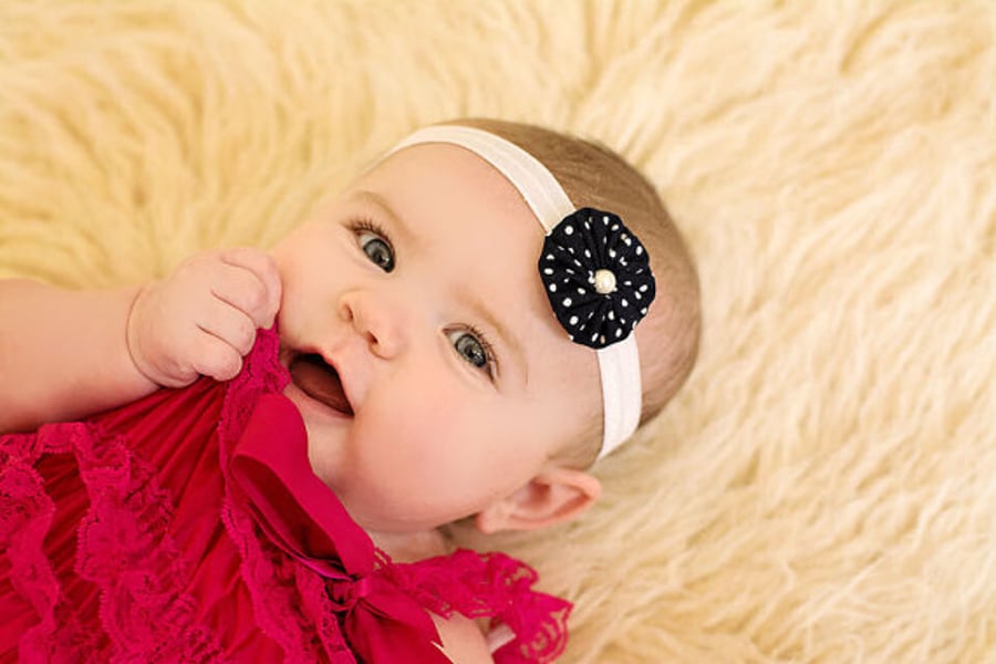 Newborn to Toddler Girls Navy Polka Dot Yoyo Pearl Headband