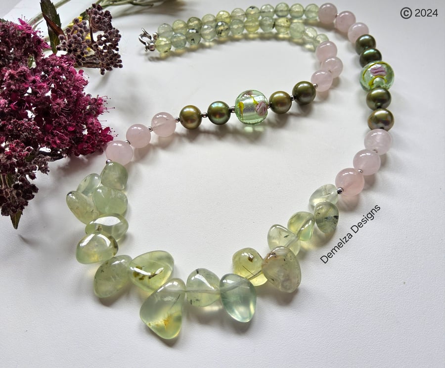 Artisan, Prehnite, Pearls, Marino Glass Sterling Silver Necklace 
