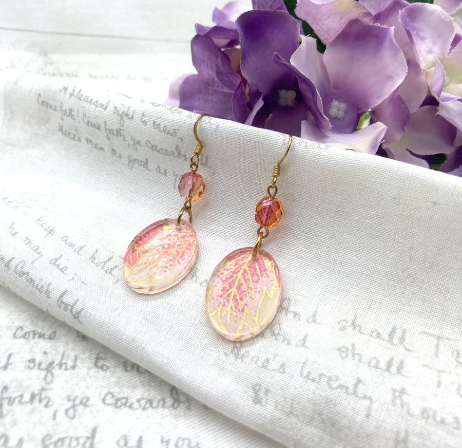 Pink leaves Japanese Washi paper oval acrylic dangle earrings