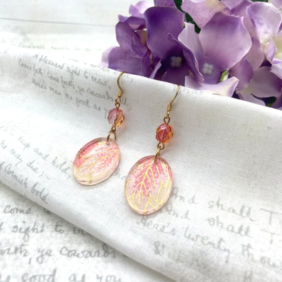 Pink leaves Japanese Washi paper oval acrylic dangle earrings