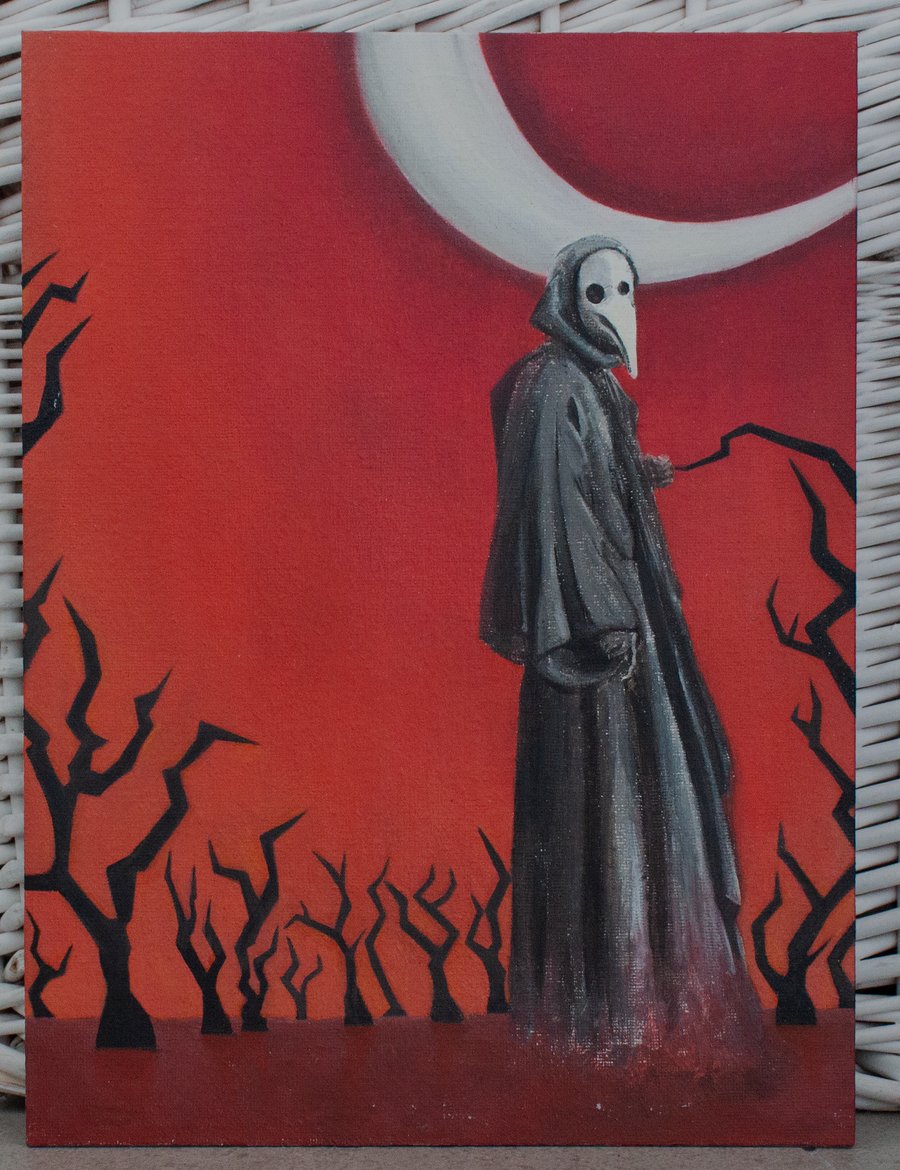 Plague doctor in desolated red landscape