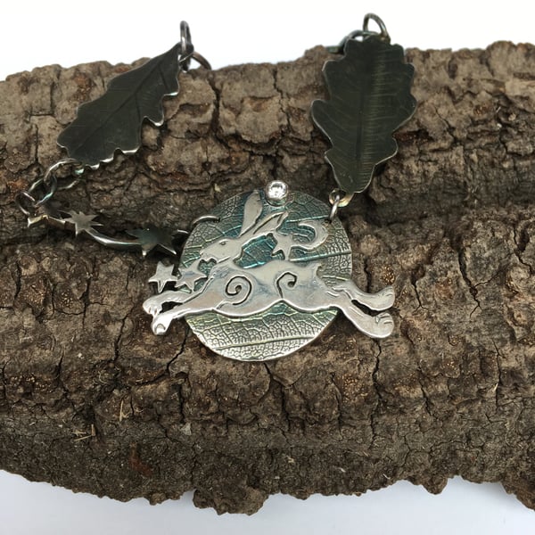 Running Hare Nightscape Necklace. Diane Lee Silver. Handmade Silverhare Necklace