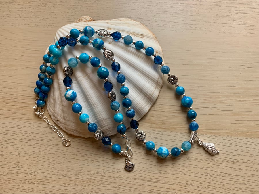 Deep Turquoise Agate & Silver Plated Sea Shell Necklace & Bracelet Set