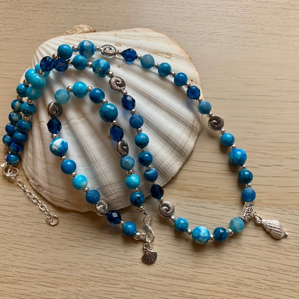 Deep Turquoise Agate & Silver Plated Sea Shell Necklace & Bracelet Set