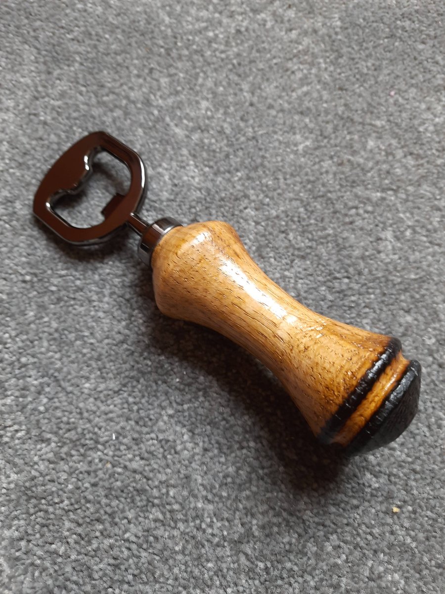 Handmade Woodturned Oak Bottle Opener with Charred Detailing and Black Chrome