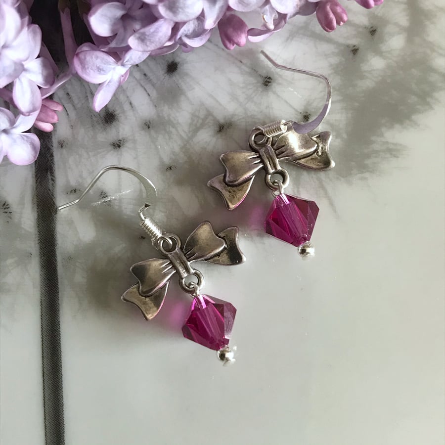 Dark Pink Swarovski Crystal Bow Earrings