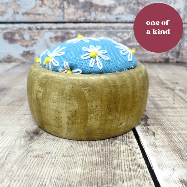 Embroidered daisy pin cushion