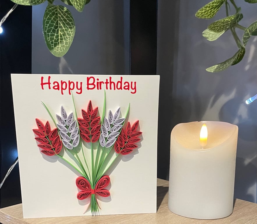 Stunning handmade quilled red flowers card